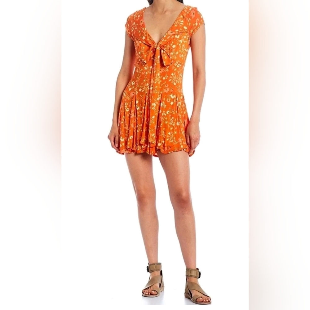 Free People It Takes Two Floral Print orange Deep V-Neck Open Back Dress small